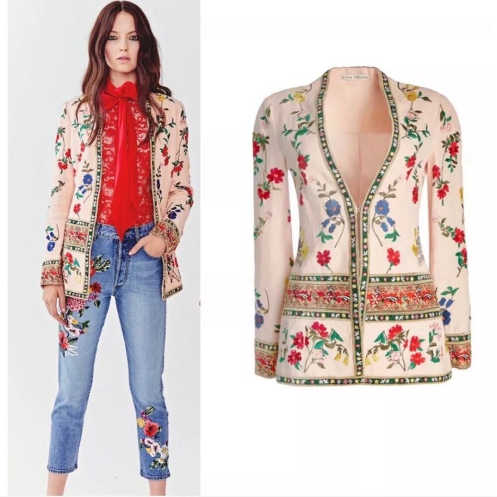 Alice + Olivia Jerri Embroidered Linen Jacket Size 4